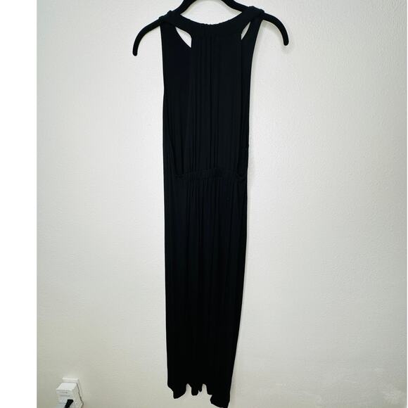 Black High Neck Plunging Sides Sleeveless Gathered Flowy Back Maxi Dress M - Picture 8 of 12